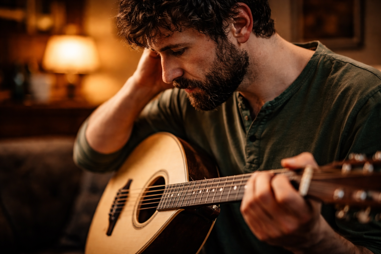 Close-up of Irish bouzouki player concentrating on accompaniment technique in a warm pub setting